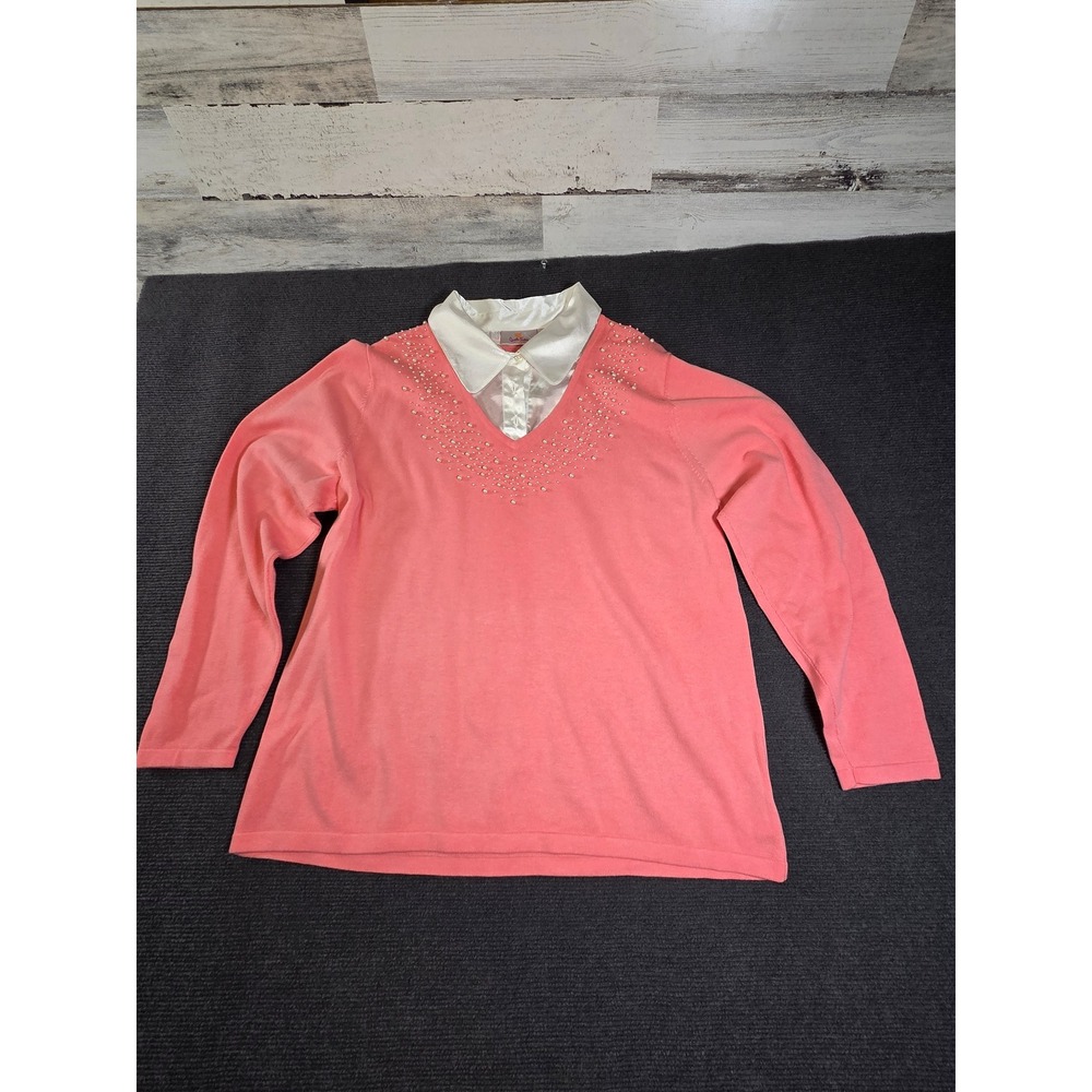 Quacker Factory Sweater Women XL Coral Pink Faux Pearl‎ Layered Look Satin